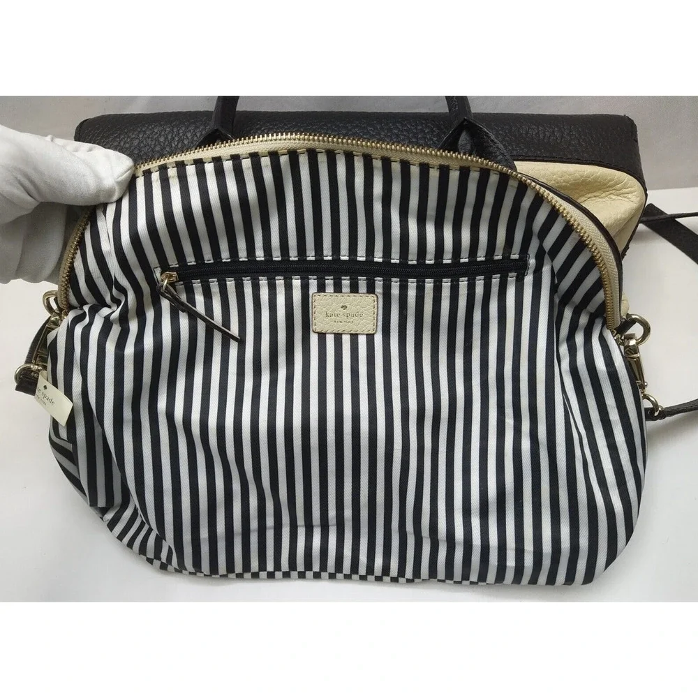 Kate Spade New York Colorblock Ivory Black Pebbled Leather Zipper Satchel Bag